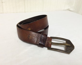 Free Ship Tooled Leather Belt Brown w/ Buckle