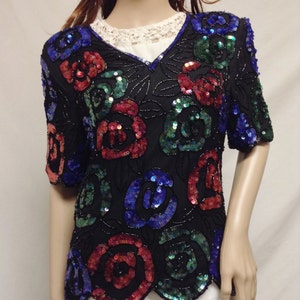 Beaded Sequin Top, Roses , Pink ,Green, Blue ,Medium,Large image 1