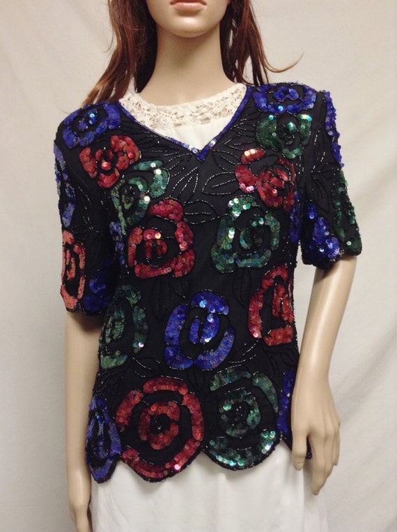 Beaded Sequin Top, Roses , Pink ,Green, Blue ,Med… - image 1
