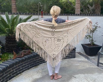 Gorgeous Flowy Ultra suede shawl, shawl, wrap, Tan, Cream, fringed, Piano scarf, Extra long fringe, Cut out Shawl