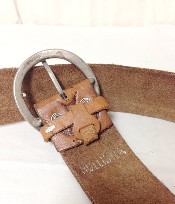 Hollister Tan Leather Belt Hollister Brown Leather Studded/Tooled Belt Brass Buckle 40L  main image 4