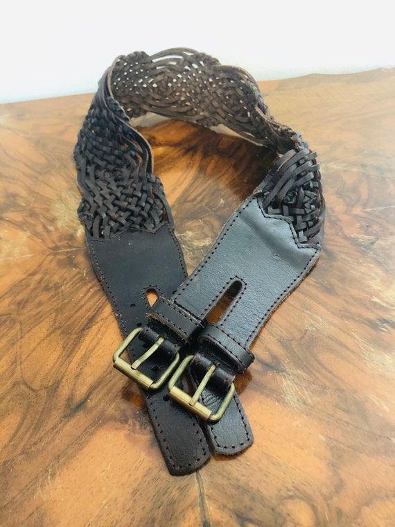 Braided black leather belt, double buckle belt, b… - image 3