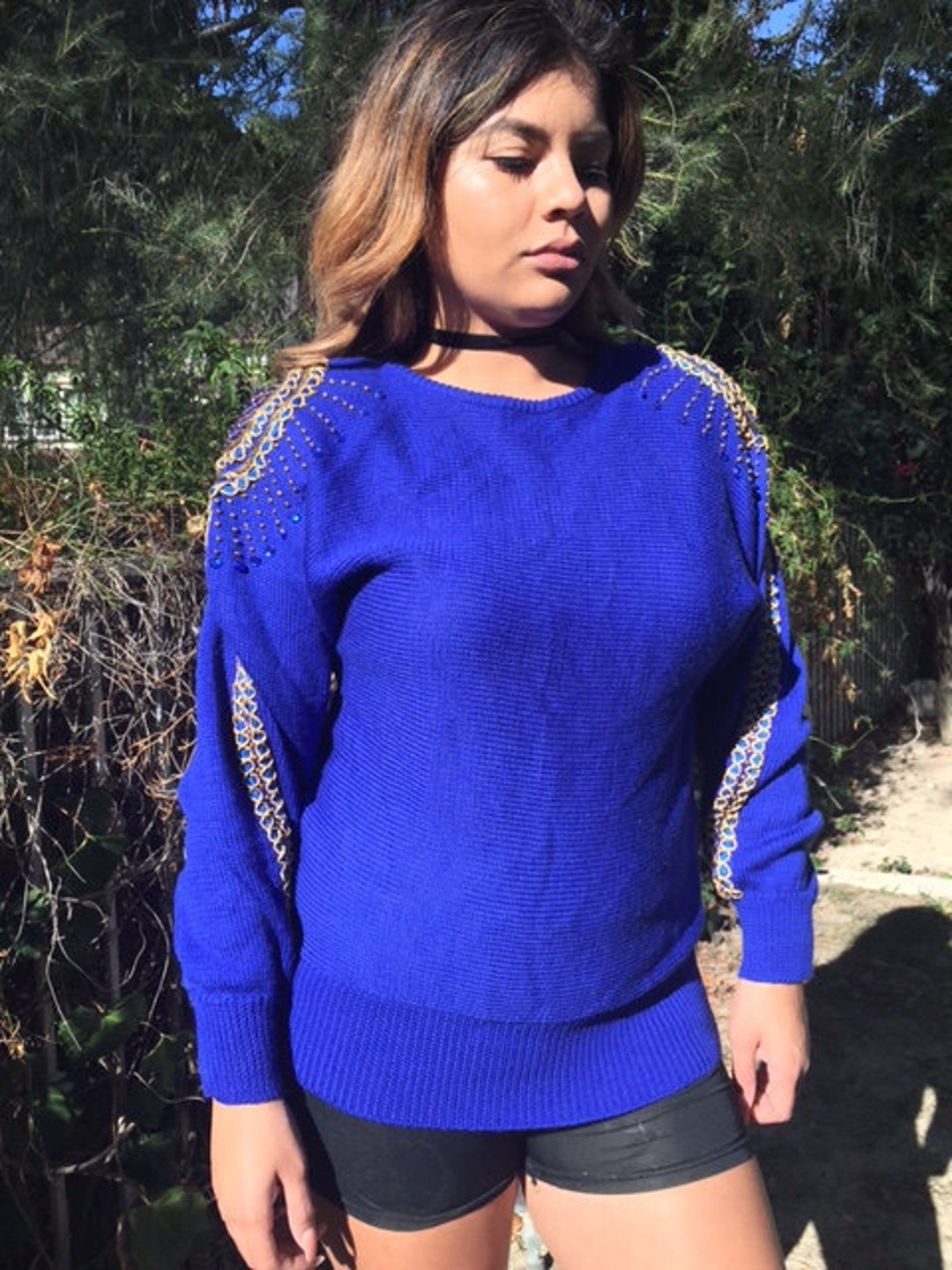 Royal Blue Knit Sweater Beaded Sweater nwt 1980s Priscilla Pull
