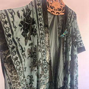 Gorgeous Hunter Green Velvet Kimono, with added Vintage Dragonfly pin, Semi Sheer, Burn out, Roses, Flowers, Fringed, Cover, Jacket