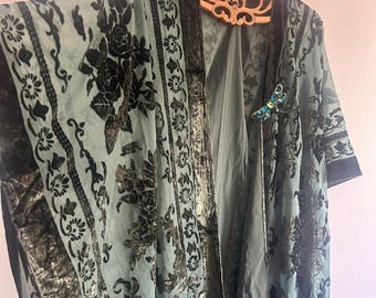 Gorgeous Hunter Green Velvet Kimono, with added Vintage Dragonfly pin, Semi Sheer, Burn out, Roses, Flowers, Fringed, Cover, Jacket