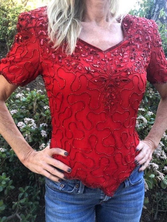 Red Beaded top,Sequin Top, Formal Blouse, Large - image 2