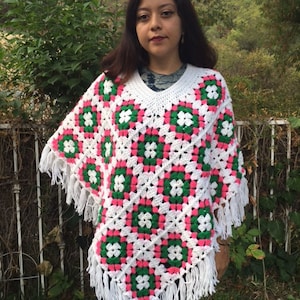 Poncho top, knit poncho, white, pink, green, fringed poncho, hippie poncho