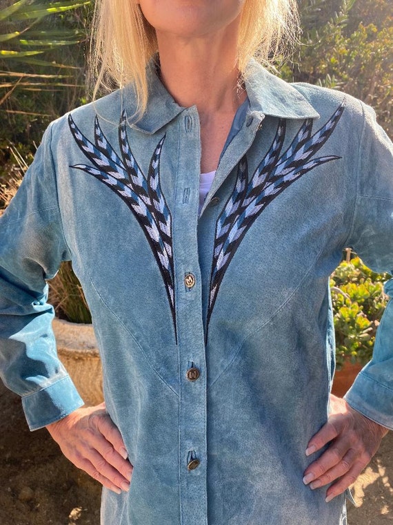 Bob Mackie Embroidered Blue suede Leather jacket,… - image 2