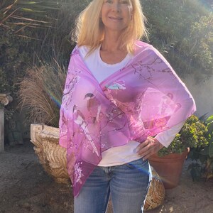Pink semi sheer scarf, Asian sparrows, Lavender,flowers