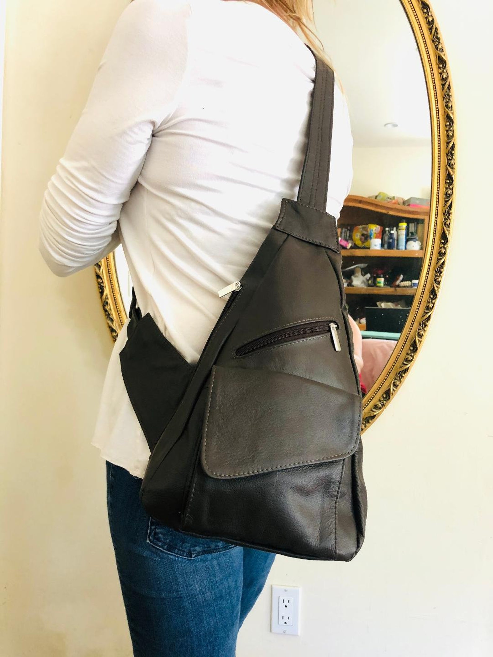 BLACK Leather Sling Bag Leather Slingbags purse Shoulder Etsy