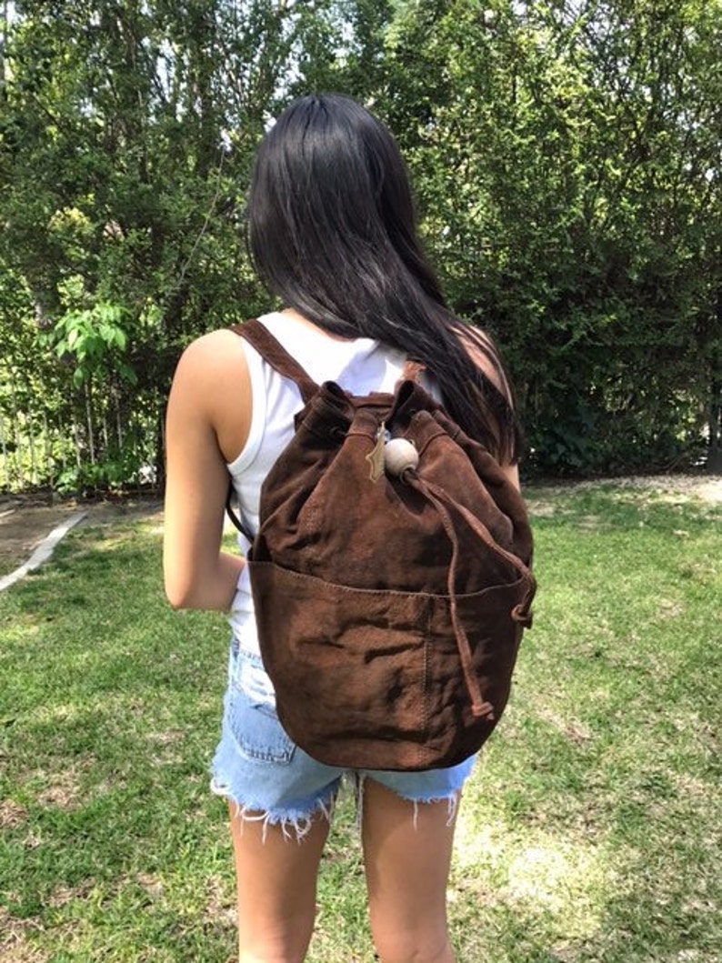 Backpack bag, Large, suede leather backpack,Hobo Barrel bag ,Back pack ,Shoulder sling, brown, suede, leather ,boho bag,15 tall x 11 wide image 1