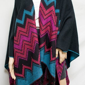 Large Knit wrap,poncho top, Black ,Purple, Fringed Wrap,chevron weave,wrap