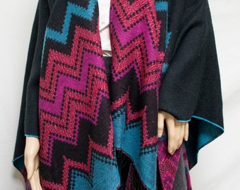 Large Knit wrap,poncho top, Black ,Purple, Fringed Wrap,chevron weave,wrap