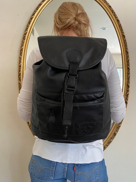 Large black leather backpack, backpack bag, black 