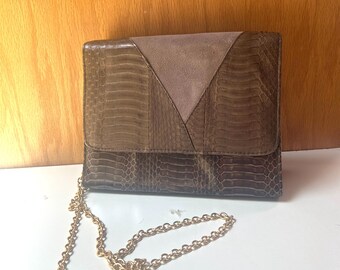 レザースリングバッグ、パッチワークレザー、ブラウンレザースリング