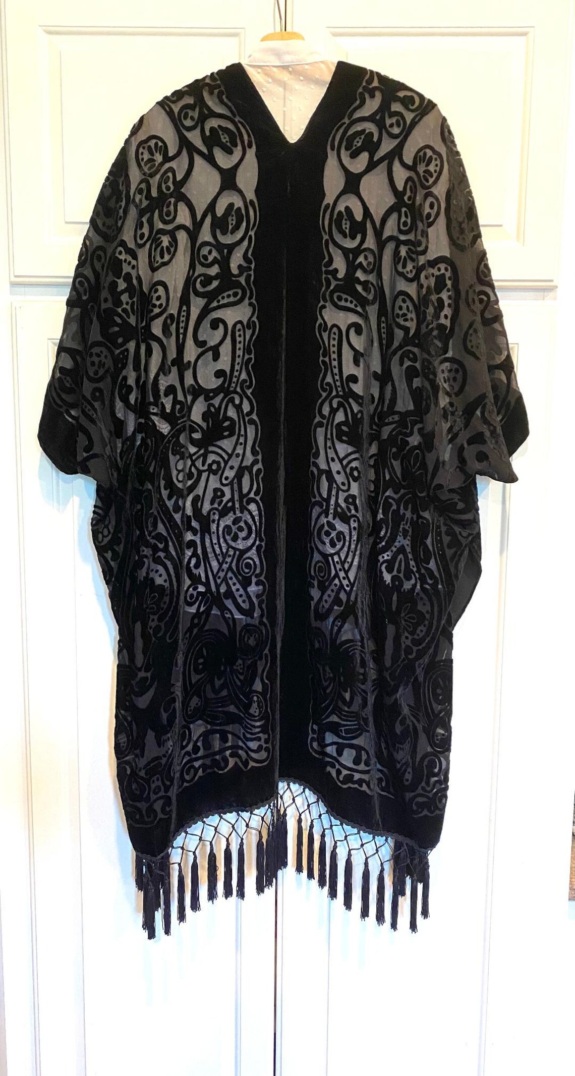 Beautiful Black Velvet Kimono Semi Sheer Burn Out Fringed - Etsy