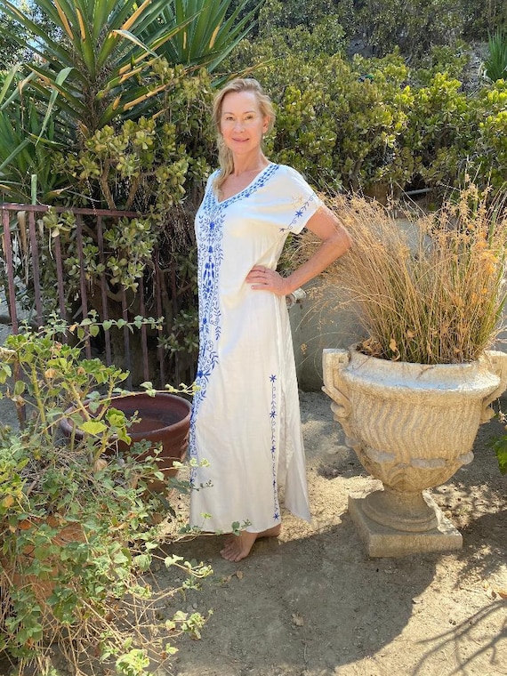 White maxi dress with blue cheap embroidery