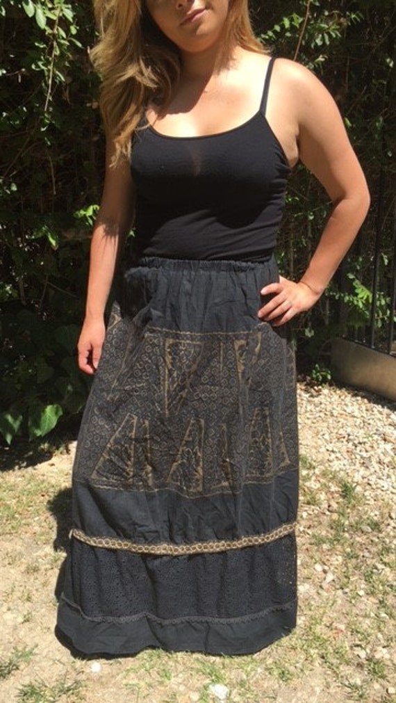 Maxi skirt, black,gold, long ,prairie skirt, mediu