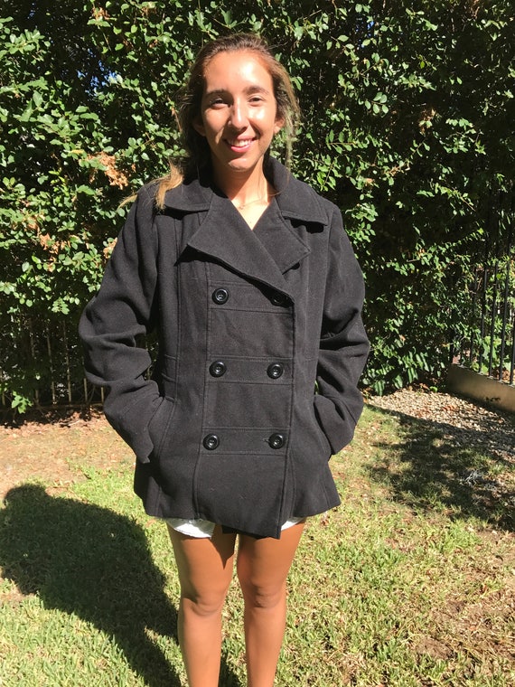 Black double breasted pea coat hot sale
