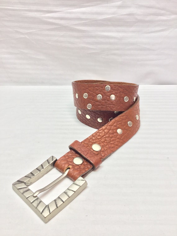 Leather Belt, Brown leather belt, Studded, Pewter 