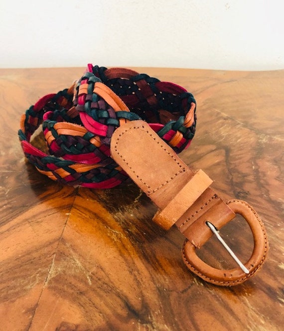 Braided leather belt, pink, brown, purple, green
