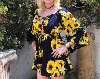 Sunflower dress,off the shoulder dress,Size small, Bell sleeves,Blue,yellow,green,Summer dress