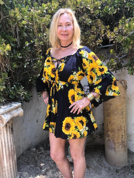 Sunflower Dress,off the Shoulder Dress,size Small, Bell  Sleeves,blue,yellow,green,summer Dress