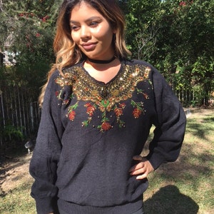 Beaded holiday sweater, knit Christmas sweater, black, Gold, red, green, Donna Scott, medium, Donna Scott