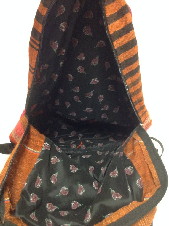 Boho Kilim Drawstring Backpack in Burgundy, Green & Orange Handmade Burgundy Kilim Backpack – Rug Fabric Rucksack With  main image 4