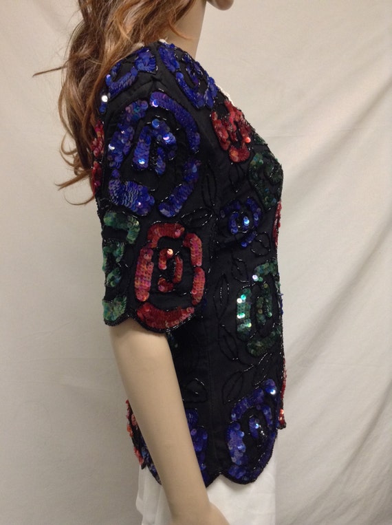 Beaded Sequin Top, Roses , Pink ,Green, Blue ,Med… - image 2