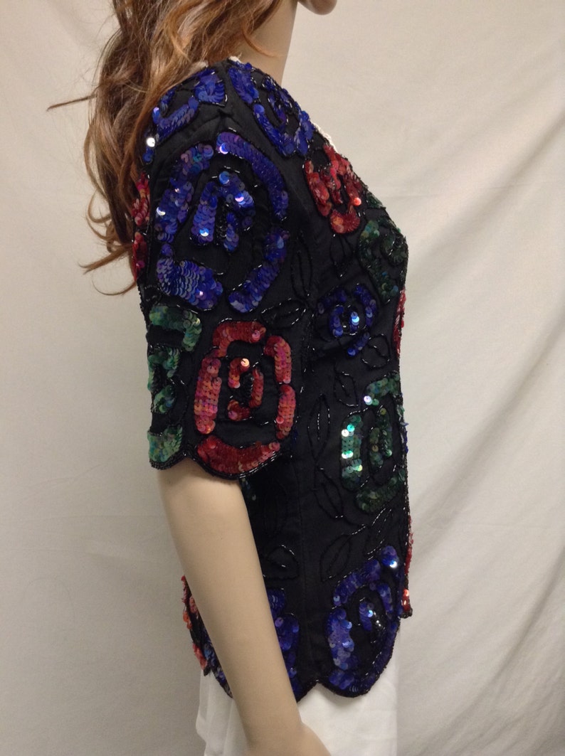 Beaded Sequin Top, Roses , Pink ,Green, Blue ,Medium,Large image 2