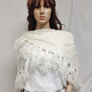 White Knit Shawl, Fringed Wrap