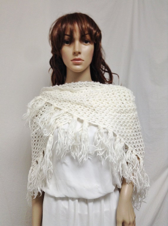White Knit Shawl, Fringed Wrap Gem