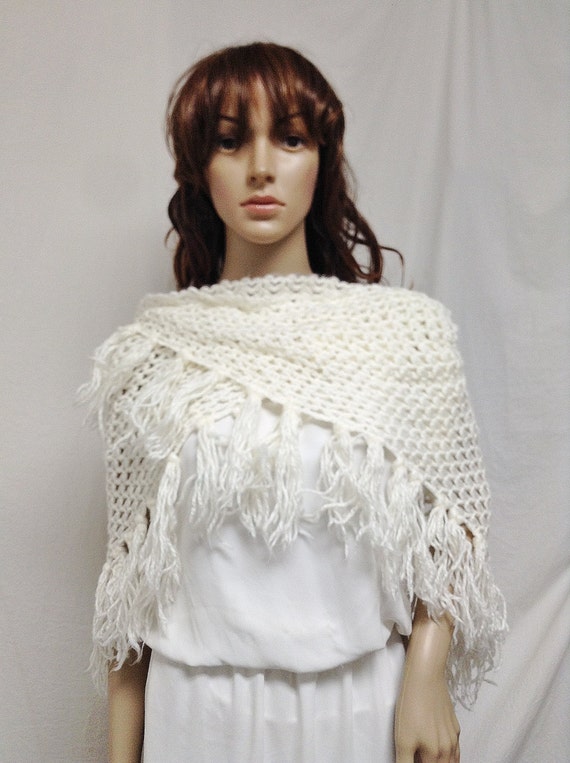 White Knit Shawl, Fringed Wrap