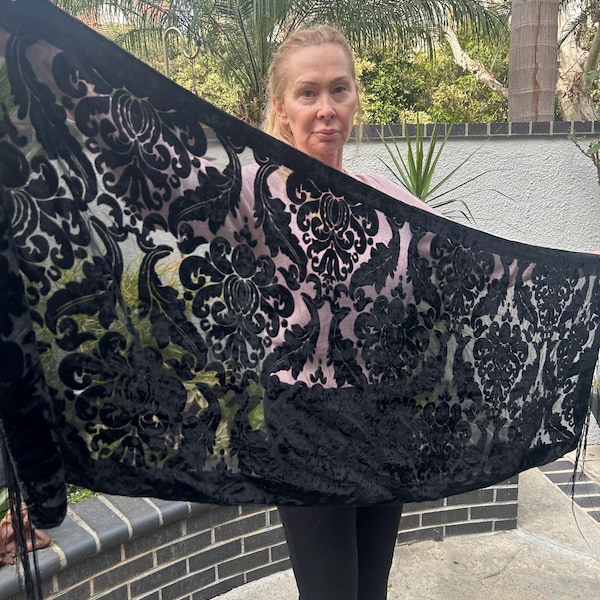 Gorgeous Black Velvet Scarf, Semi Sheer, Burn out, Fringed, Piano Scarf, Damask design, crystal butterfly brooch