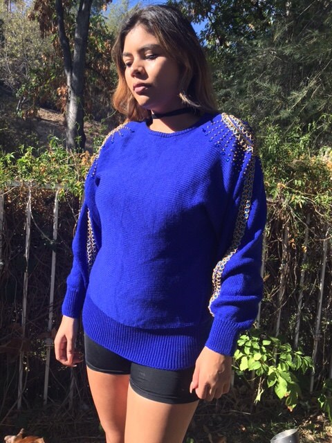 Royal Blue Knit Sweater Beaded Sweater nwt 1980s Priscilla Pull