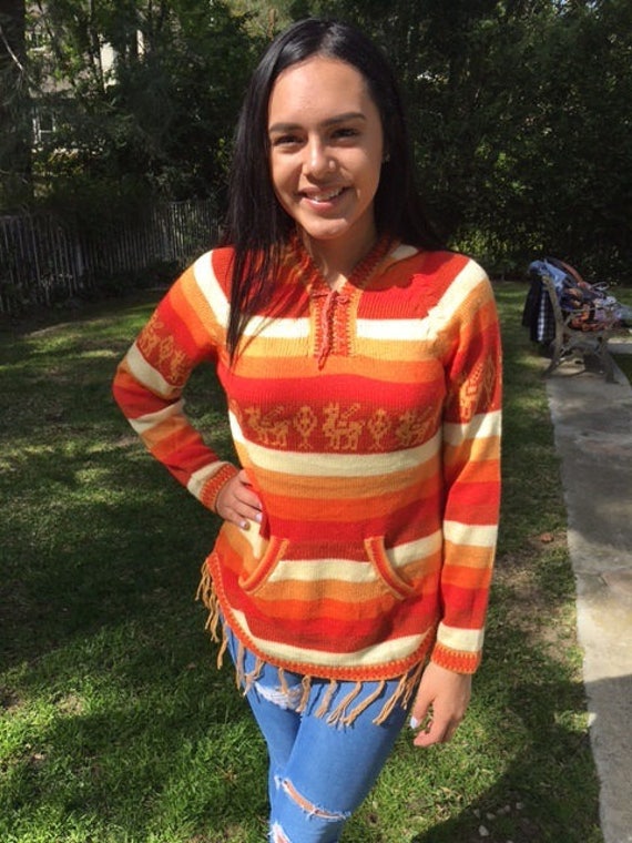 Orange Sweater Hoodie Pullover Sweater orange yellow hooded Sweater Chiapas fringed small llama Etsy