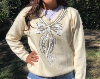 Angora sweater,Beaded sweater, angora, Lambswool,off-white, Gold,White,Medium, beaded with sequin, M