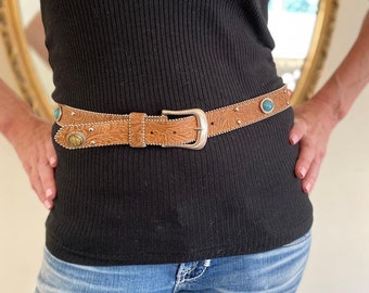 Tooled leather belt, Studded, western belt,Large, Faux Cabochons, Elite