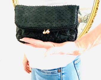 Black beaded formal clutch, purse,bag, black beaded purse, clutch, sequin purse, Fold Over