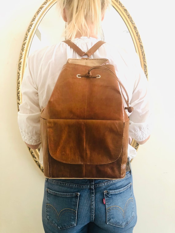 Brown leather backpack, backpack bag, whiskey brow