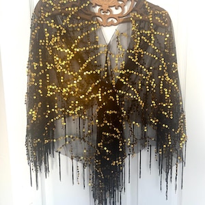 Sparkling black sequin wrap, Shawl, semi sheer, gold sequin, brass sequin
