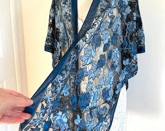 Blue floral, Rose, kimono, roses, fringed, Handmade, Kimono with sleeves, Semi sheer