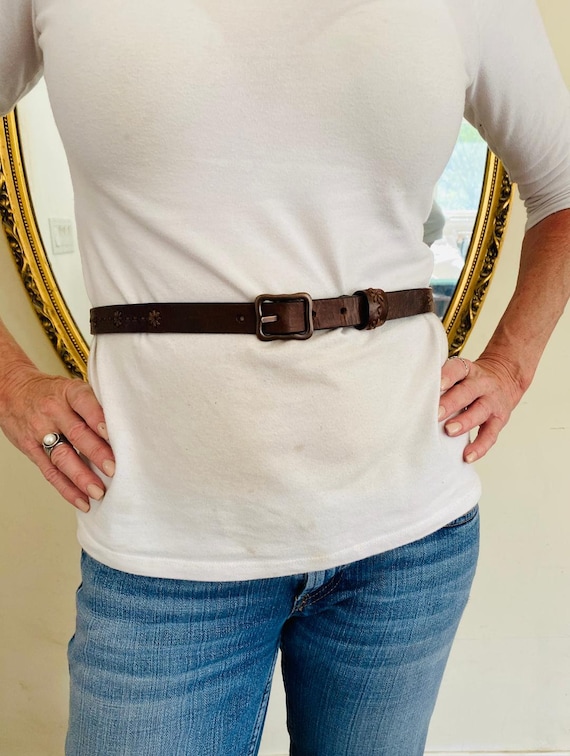 Thin Embroidered Brown Leather Belt ,Embroidered belt… - Gem