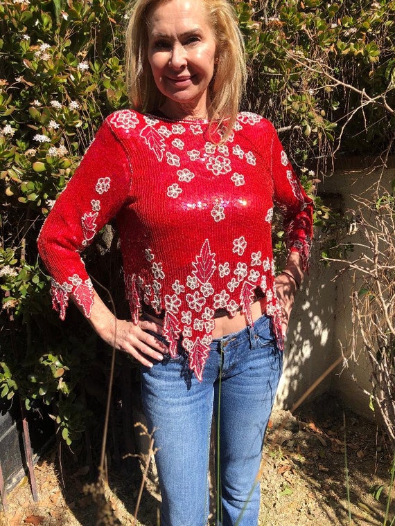 Gorgeous Sexy Beaded top,Large,Sequined top, Red,W