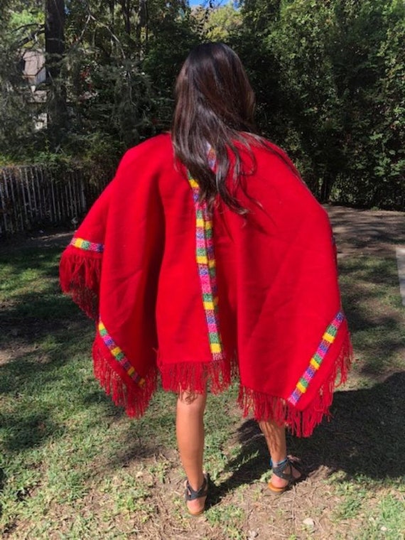 Poncho top, Red wool poncho,Red ,Wool Poncho,frin… - image 3