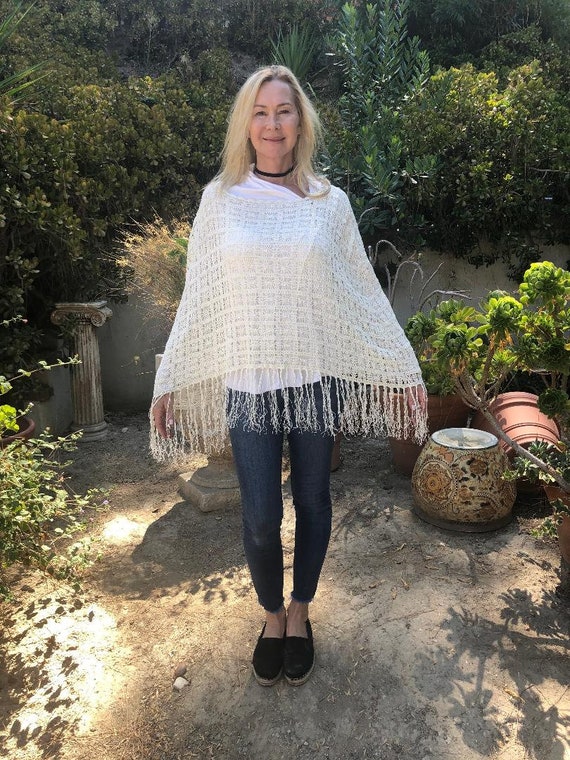 Knit poncho, poncho top, fringed, sequin, off whi… - image 2