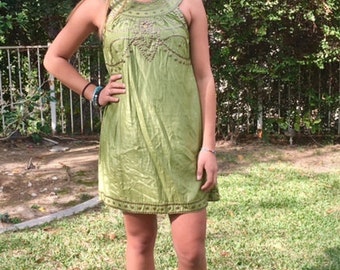 Green BoHo dress, copper ,metal beading, small,summer dress