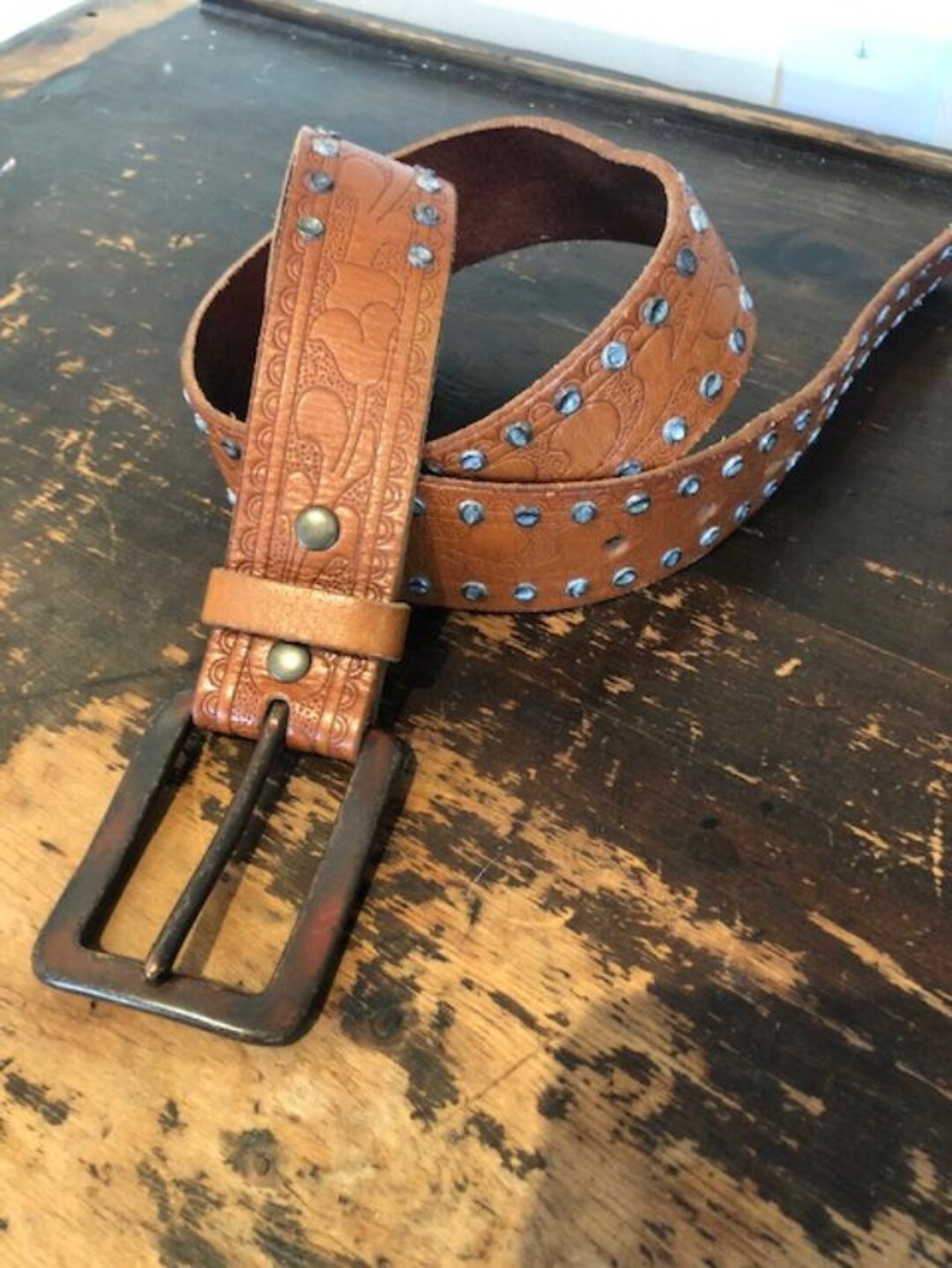 Tooled Leather Belt,brown Leather,boho Belt ,studded Belt,32 Tooled Leather Belt,brown Leather,boho Belt ,studded Belt,32