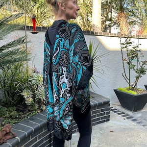 Teal and Black, Velvet kimono, Burnout Kimono, night, dress, bathrobe, black, silver, Devore, Handmade